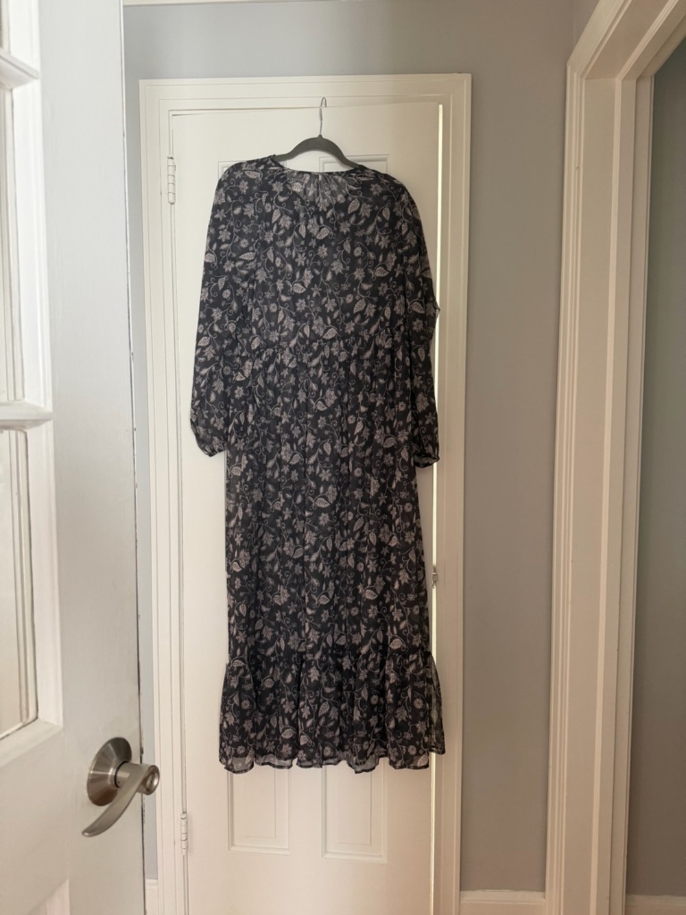 H&M Black Floral Maxi Dress with Cream Print sheer no liner USA M